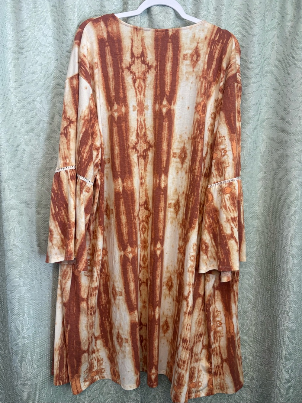 Cato Rust and Cream Tie-Dye Crochet Trim Boho Kimono - Picture 2 of 4